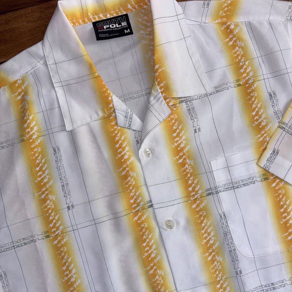 Southpole Button Up Shirt Mens Medium White Yellow Stripe Grid Short Slv Y2K AOP